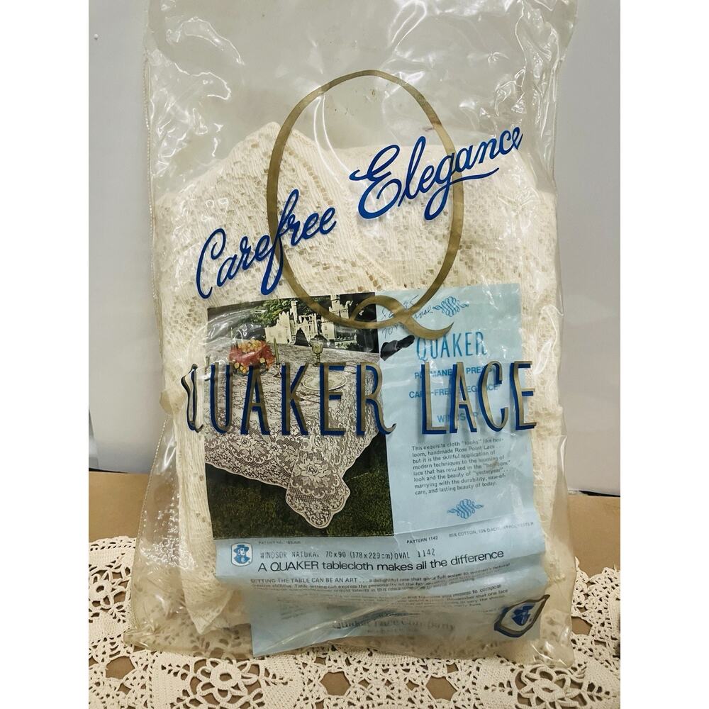 Vtg Quaker Lace Tablecloth Carefree Elegance Flanders White Oblong 70" x 90" NOP